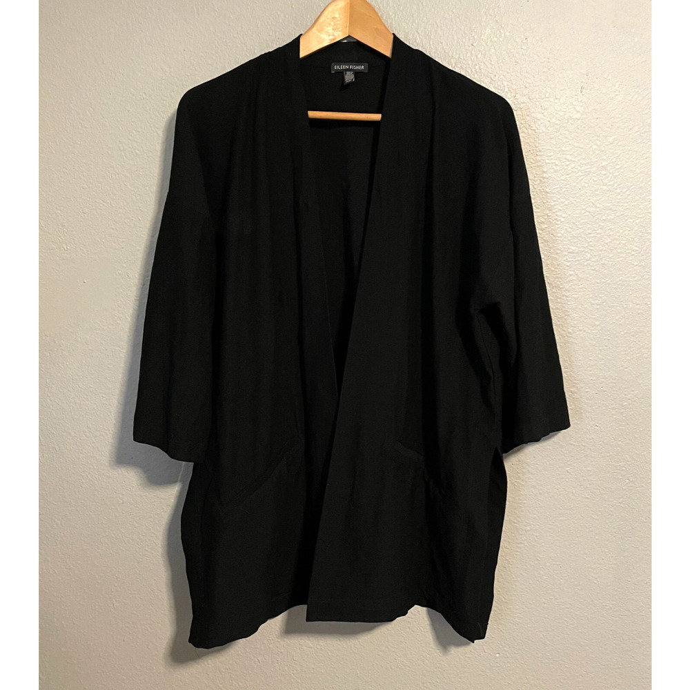 Eileen Fisher Womens Blazer Medium Black Stretch Open Long Line Neutral Career